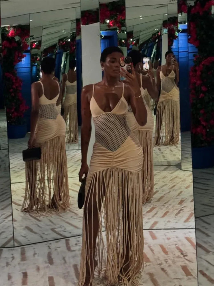 Tassel Hem Splicing Sling Dress Women Sexy Waist Hollow Out Stretch Pleated Bodycon Dresses Female Solid Summer Beach Party Robe