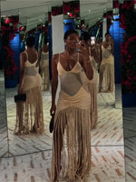 Tassel Hem Splicing Sling Dress Women Sexy Waist Hollow Out Stretch Pleated Bodycon Dresses Female Solid Summer Beach Party Robe