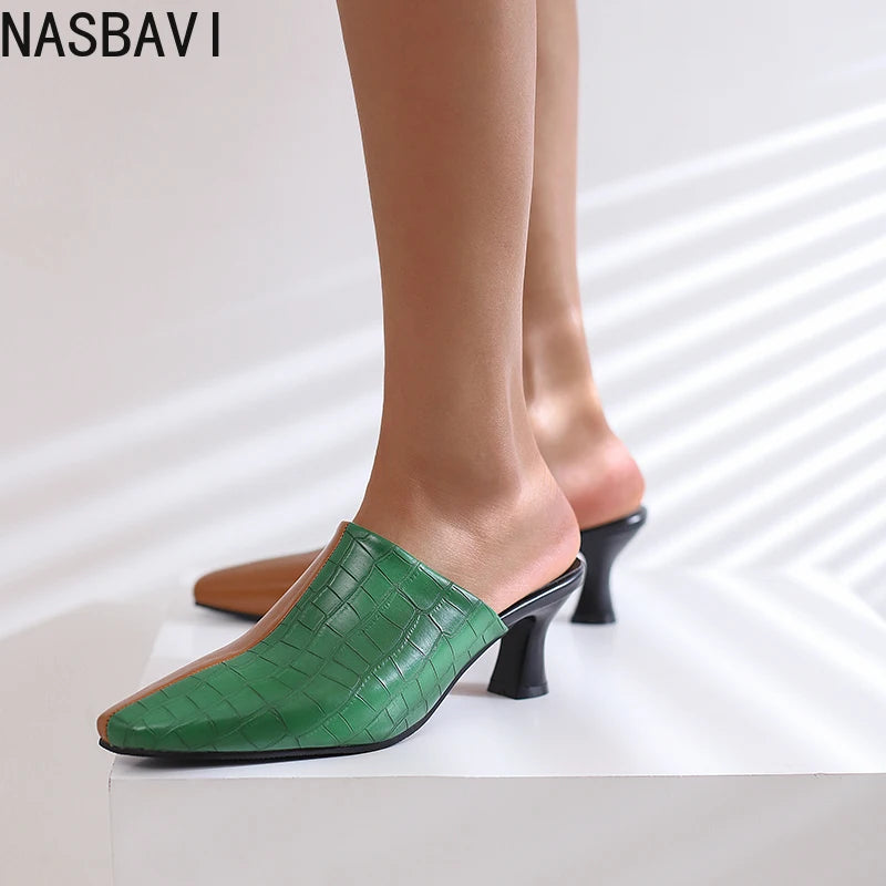 NASBAVI New Breathable Hollow Slippers Stone Pattern Leather Pumps Women Chunky Heels Mules Black Dress Shoes Big Size 45 46 47