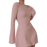 Women Spring Autumn Mini Dress Long Sleeve Crew Neck Backless Solid Color A-line Dress for Party Club
