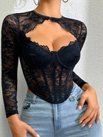 Solid Color Slim Low-Cut Tube Top Lace Mesh Patchwork Lace Sexy Hollow Out Fishbone Top Long Sleeve Vest Transparent Charm NJWG