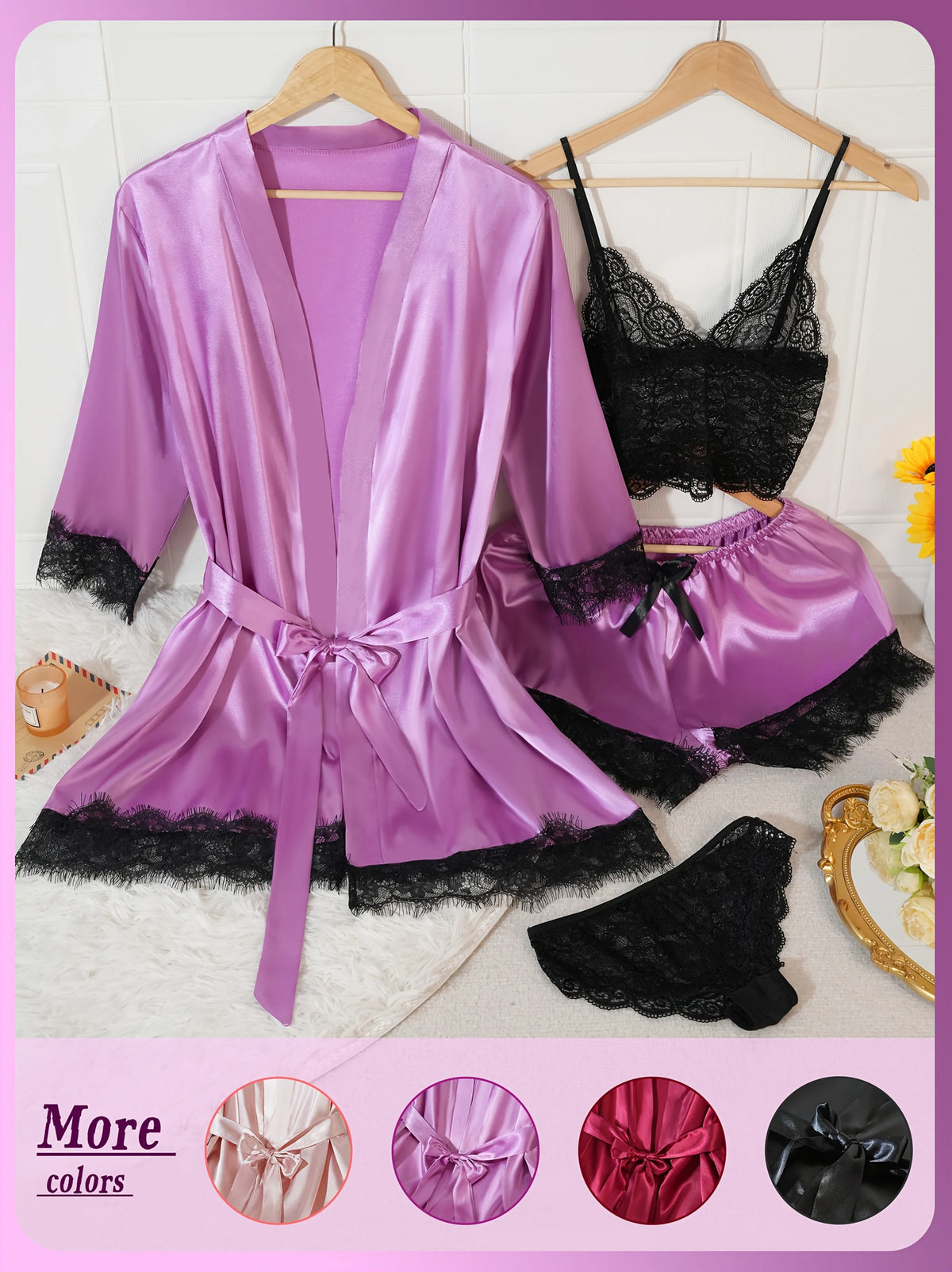 4Pcs Women Satin Pajama Set Robe Lace Lingerie Sexy Silk Nightwear Sleepwear Soft Satin Nightgown Pyjamas Nightdress Nighty Robe