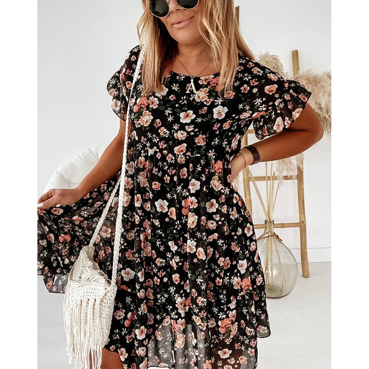 Summer Lady Ruffle Mini A Line Dress Women Casual Floral Print Dresses O Neck Elegant Short Sleeve Midi Dress Vacation Vestidos