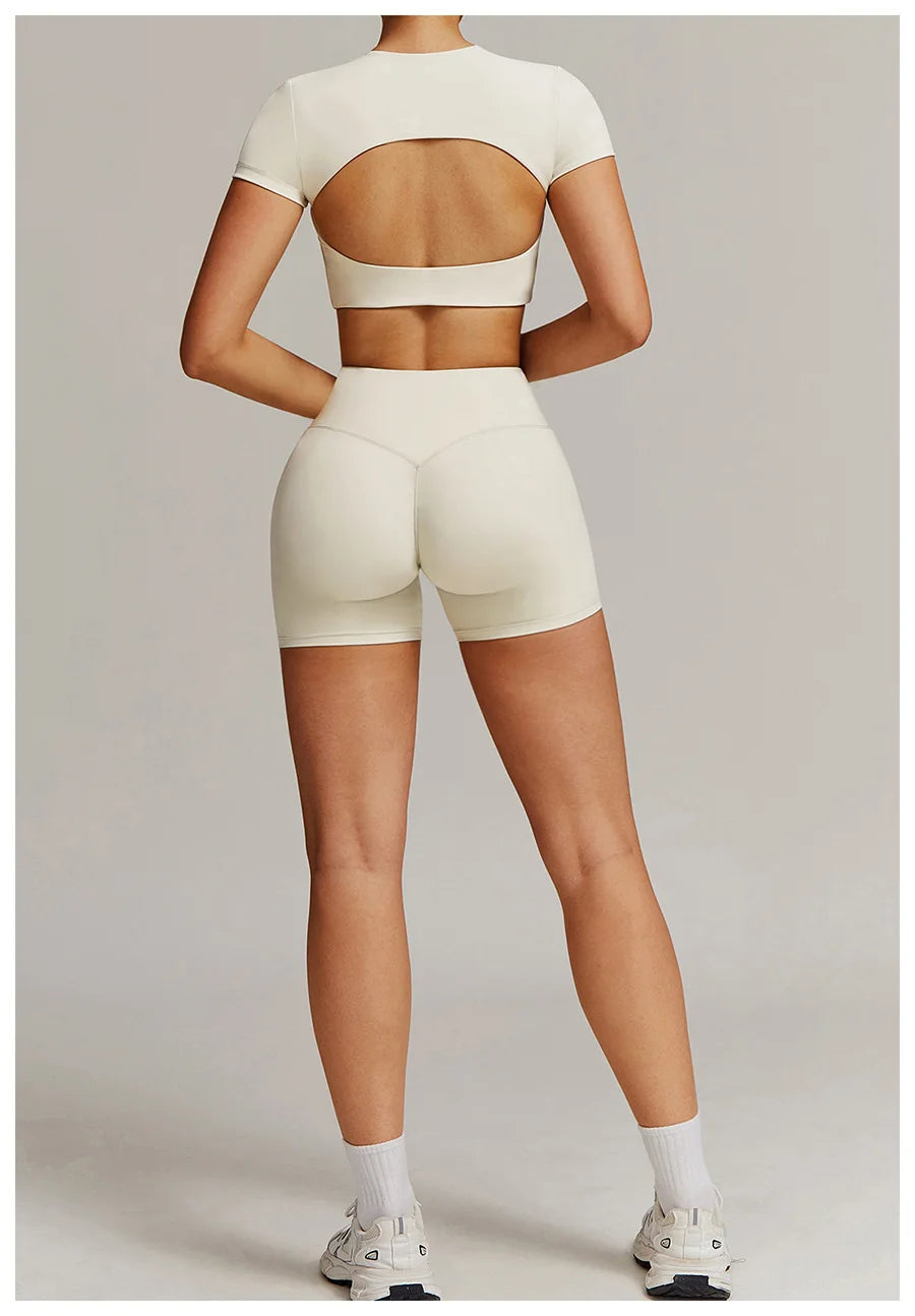 Women 2PCS Yoga Suit Sports Gym Set Tracksuit Workout Long Sleeve Shirt Fitness Flared leggings Short sleeve shorts running suit