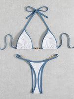 Sexy Halter Pearl Extreme Mini Micro Bikini Female Swimsuit Women Swimwear Two-pieces Bikini set Ribbed Bather Bathing Suit Swim