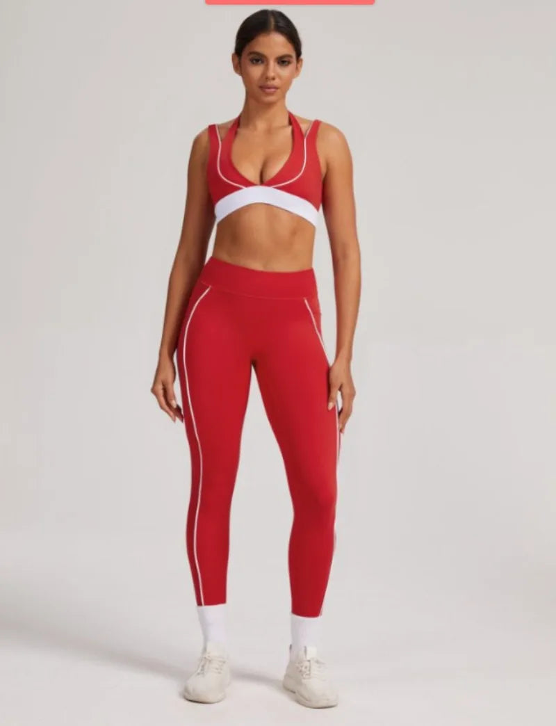 Women's Yoga Sets Sports Fitness V-Neck Halter Sports Bra Color-Block Hip-lifting Pants Suits Running Training Workout Gym Sets