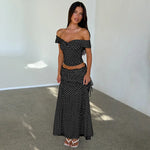 FDYOUI Woman Clothing Polka Dot Crop Tops and Lace-up Skirt Two Piece Sets Female Elegant Slash Neck Long Vacation Dresses Suit