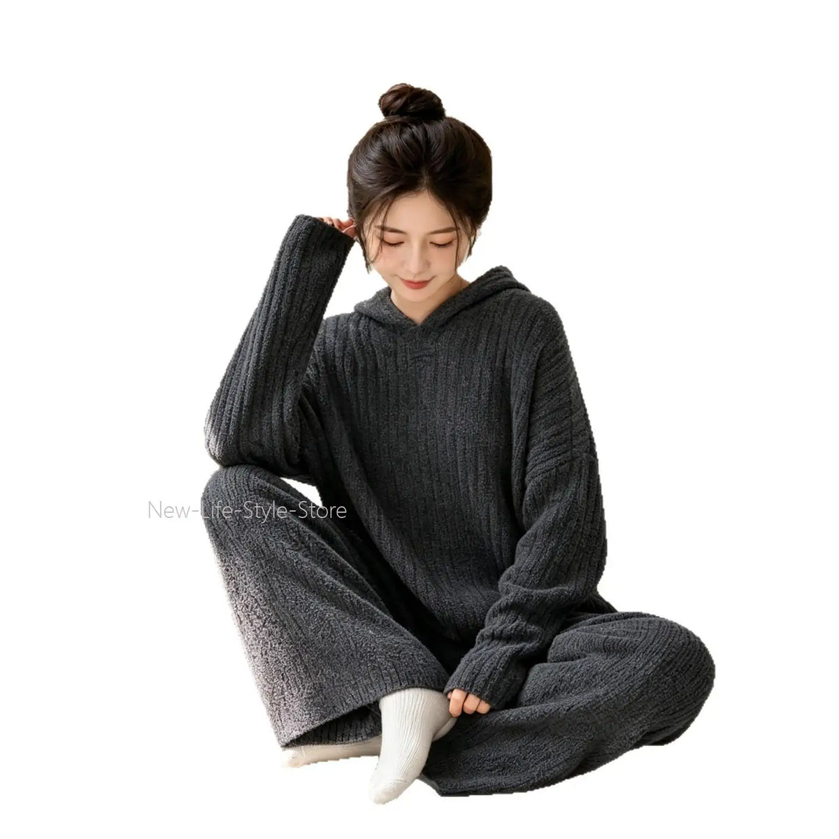 Soft Vertical Texture Loose Wearable Outside Autumn Winter Sleepwear Women Korean Lazy Style Hooded Half Velvet Pajama Set