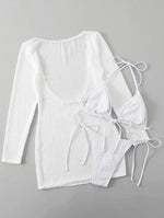 2026 Beach Skirt Swimsuit Women White Three-Piece Bikini Sexy Mesh Long Sleeve Hollow Out Bathing Suit Swimwear Summer Beachwear