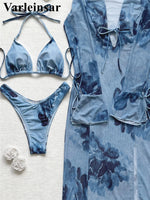 With Long Sleeve Cover Up Printed Bikini Women Swimwear Female Swimsuit Three-Pieces Bikini Set Bather Bathing Suit Swim V8389