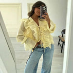 Women's Layered Bell Sleeve Blouse Yellow Ruffled Sheer Blouse V Neck Tie Front Long Sleeve Casual Top With Puffed Sleeves BLZW