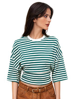 Women Summer Fashion Casual Elbow Sleeve T-Shirts Stripe Cinched Waist Crew Neck Tops Streetwear
