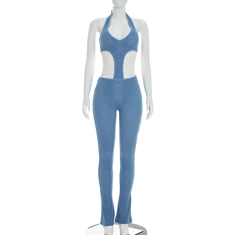 Sexy hot girl solid color see-through slim fit knitted deep V jumpsuit