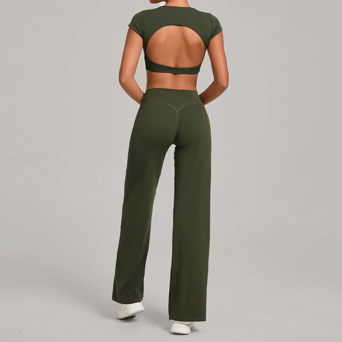 Women's Tracksuit Yoga Sets Back Hollow Out Short Sleeve Sports Shirts High Waist Straight Leg Pants Gym Running Fitness Suits