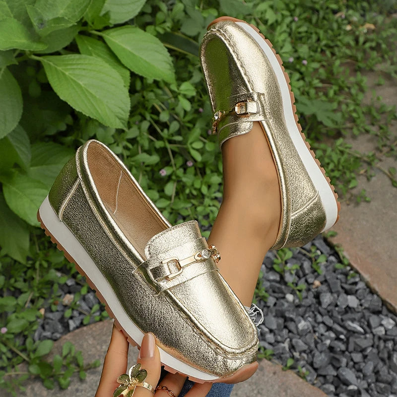 Gold Silver Metal Chain Flats Shoes Women Spring Autumn Plus Size Platform Loafers Woman Slip On Soft Bottom Casual Shoes Female