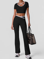 Summer Quick Drying Yoga Sets Women Black Patchwork Short Sleeve Cross Neck Sports Top High Waist Flared Pants Fitness Suits