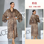 Sexy Leopard Print Satin Long Robe Women Flare Sleeve Tie Waist High Slit Loungewear Outerwear
