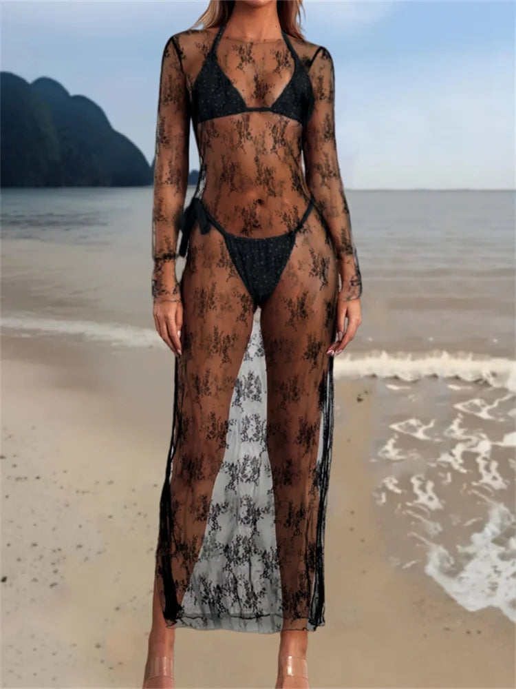 Women See Through Lace Dress Long Sleeve High Slit Dress Summer Sexy Club Beach Dress Swimwear Cover-ups