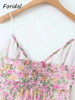 Lace Decoration Pink Floral Maxi Long Sundress Women's Dress 2025 Spaghetti Strap V Neck Smocked Boho Straight Boho Dress