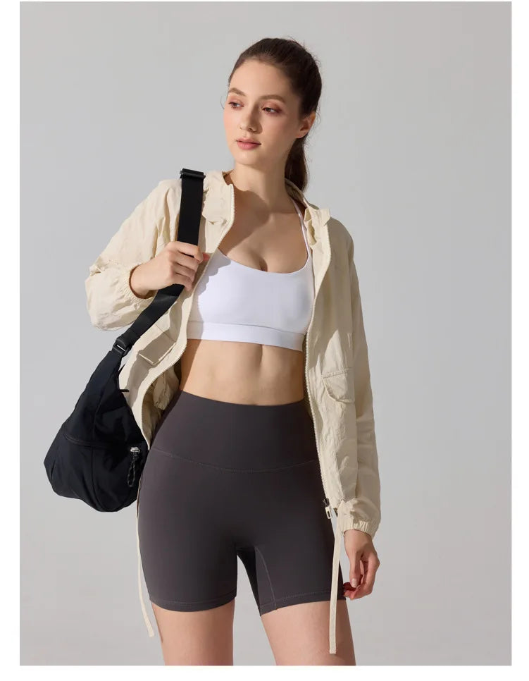 Outdoor Windproof Mountaineering Jacket Women Fashion Lightweight Sun Protection Sports Hooded Top Casual Loose Hiking Yoga Suit