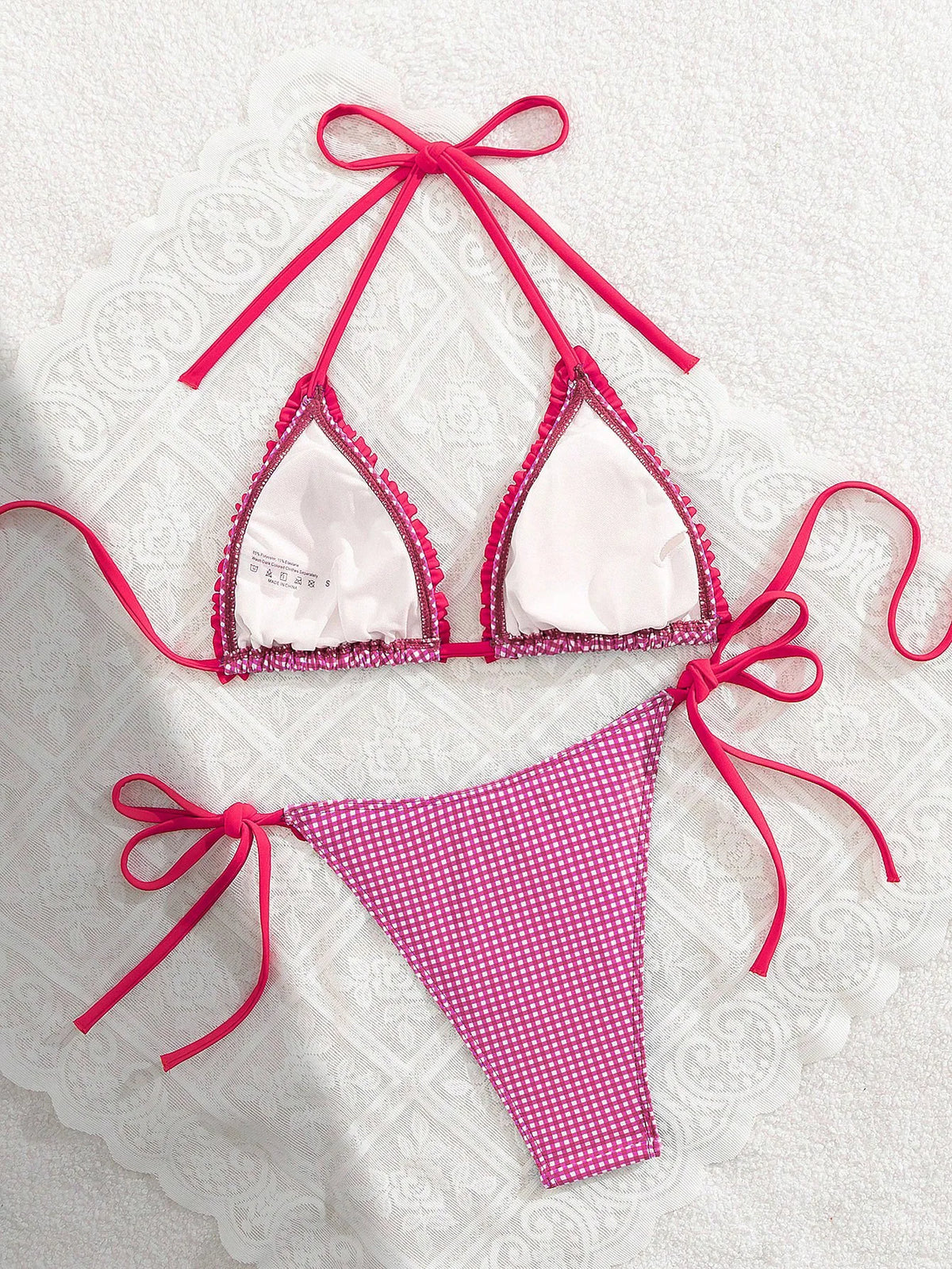 Sexy Pink Plaid Micro Bikini 2026 Women Lace Trim Push Up Bra Triangle Swimsuit Brazilian Summer Bathing Suit Holiday Swimwear