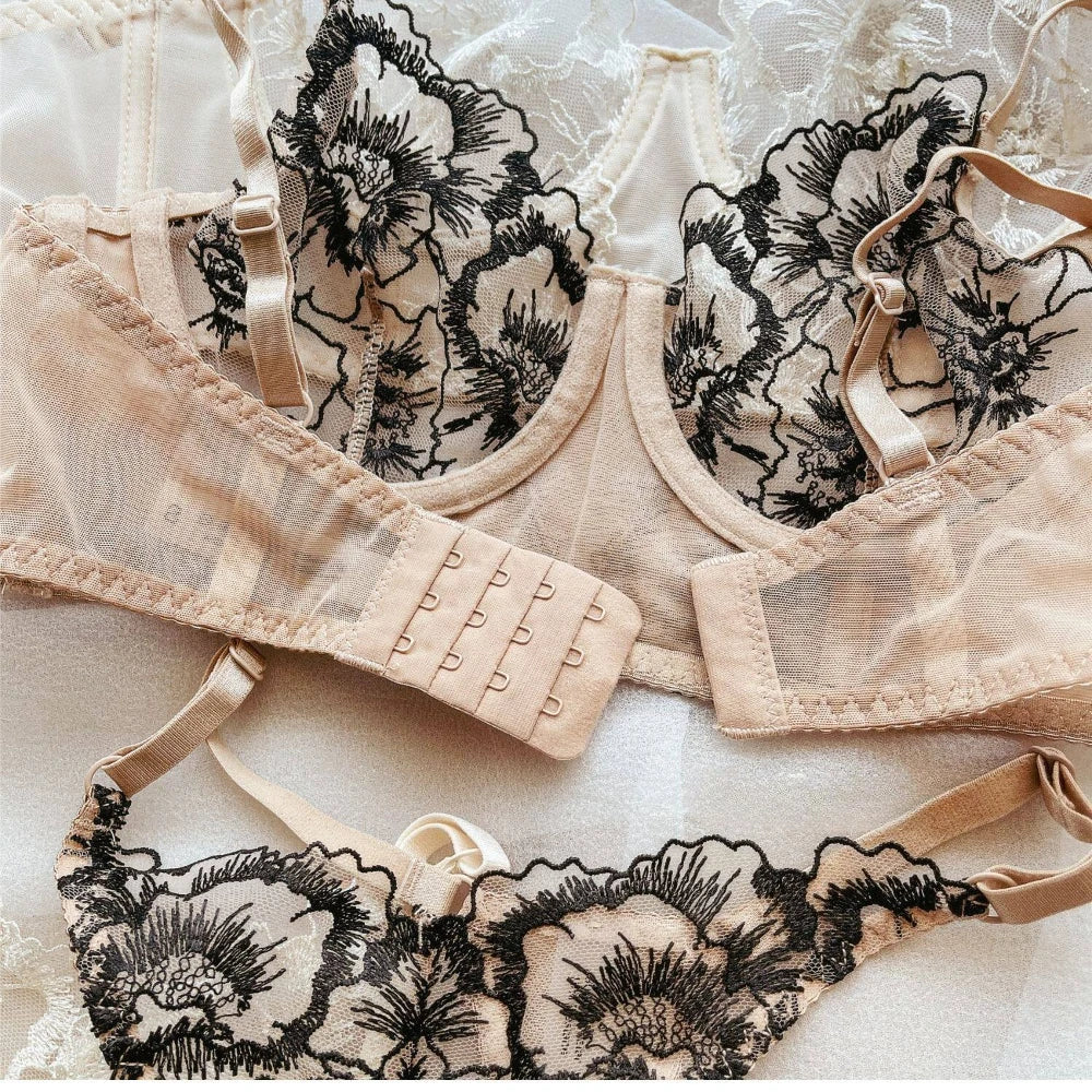 French Ultra Thin Women Underwear Set Sexy Lace Flowers Embroidery Bra Summer Ladies Wide Version Breathable Lingerie Thong Sets
