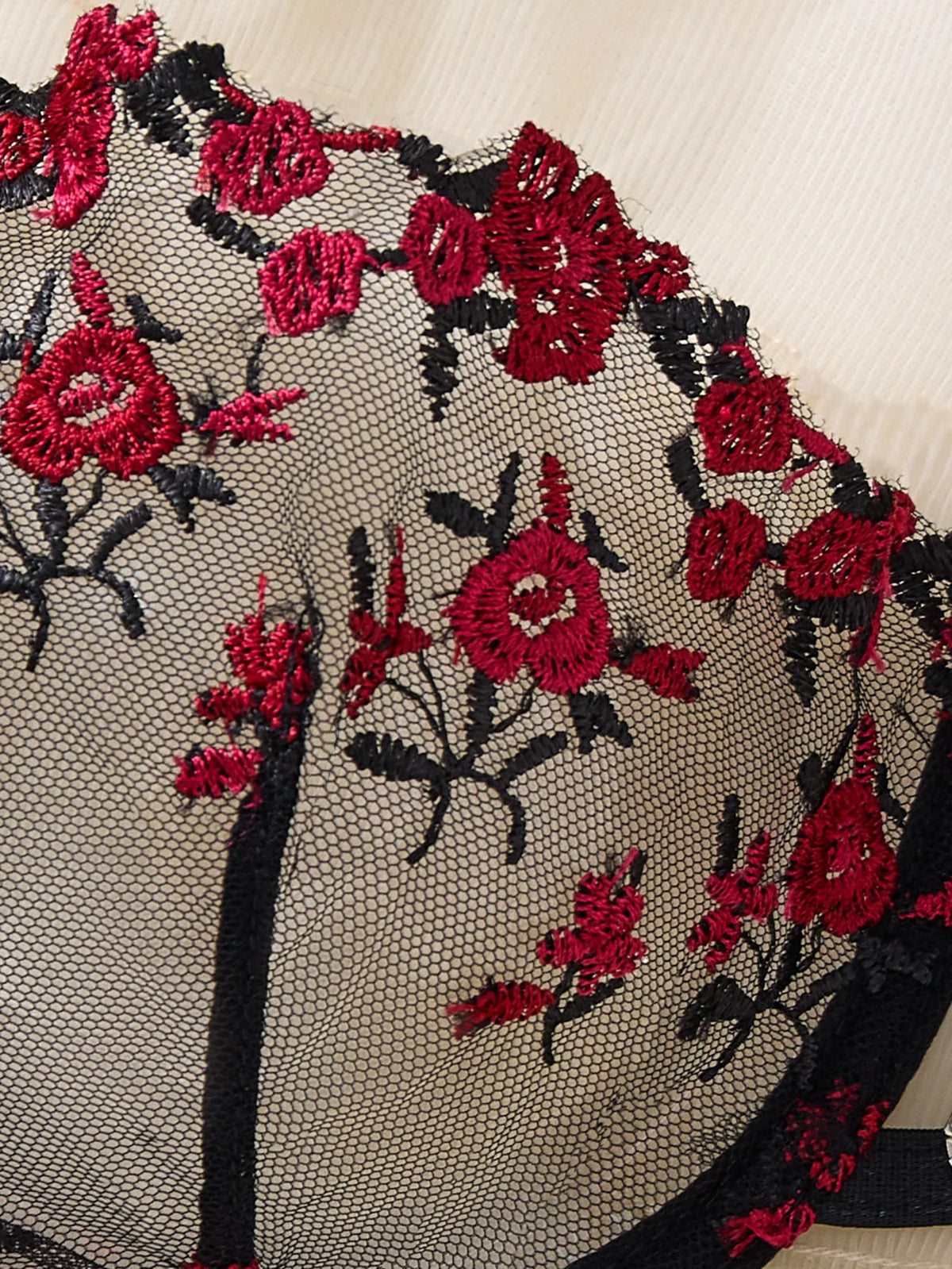 Black Red Rose Embroidery Lingerie Set Women Sheer Mesh Push Up Bra And Thong 2 Piece Sexy Transparent Lace Underwear ZA824026