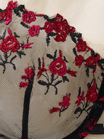 Black Red Rose Embroidery Lingerie Set Women Sheer Mesh Push Up Bra And Thong 2 Piece Sexy Transparent Lace Underwear ZA824026
