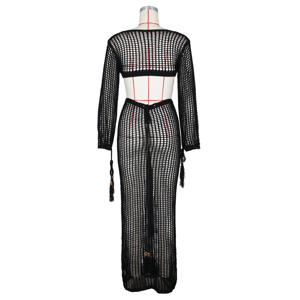 DEKA Women Knitted Backless Cover Up Swimsuit Long-sleeved Crochet Hollow Out Dress Summer Beach Vacation Outfit Beach Dress