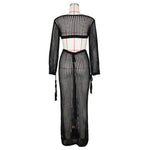 DEKA New Sexy Knit Mesh Cut Out Deep V Neck Long-sleeve Lace-up Fringe Tunic Summer Women Swimsuit Cover-ups Beach Maxi Dress