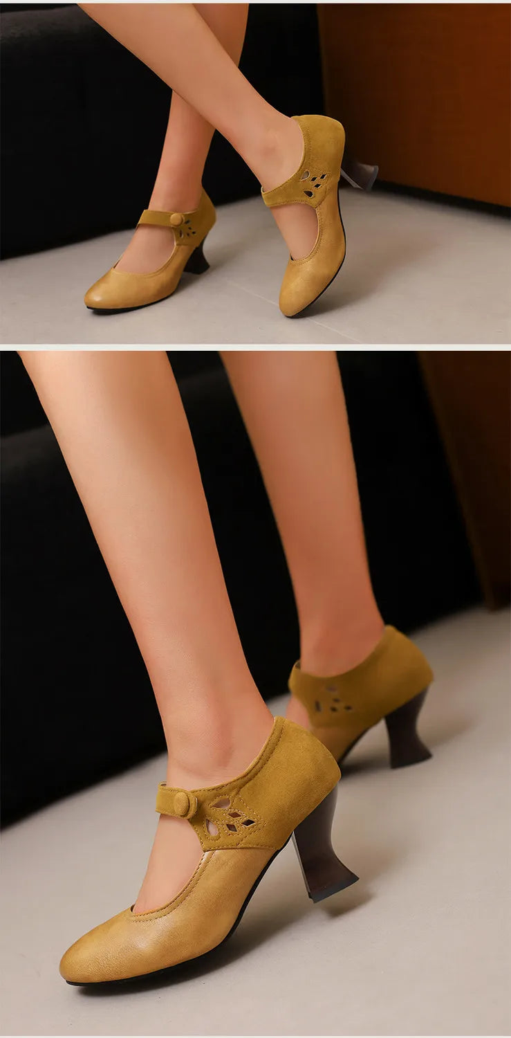 Summer Spring Cute Women Pumps Round Toe 6.5cm Small Heels Flock and PU Ankle Strap Buckle Green Yellow Big Size 46 48