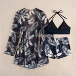 New Print 3 Pieces Padded High Waist Bikini Set Swimsuit Women Swimwear with Kimono Beach Wear Ladies Bathing Suit with Shorts