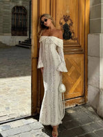Off Shoulder White Lace Party Dress Flare Sleeve Bowknot Party Maxi Dress Sexy Elegant Summer Bodycon Vestidos Embroidery Robe