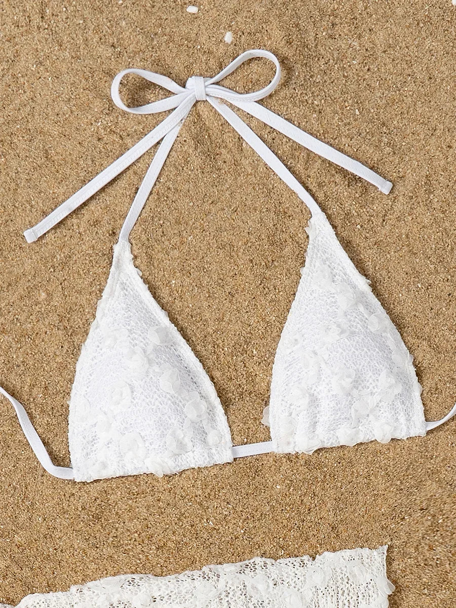 3D Flower with Mesh Sarong Skirt Bikini Women Swimwear Female Swimsuit Three-pieces Bikini Set White Bathing Suit Swim Beachwear