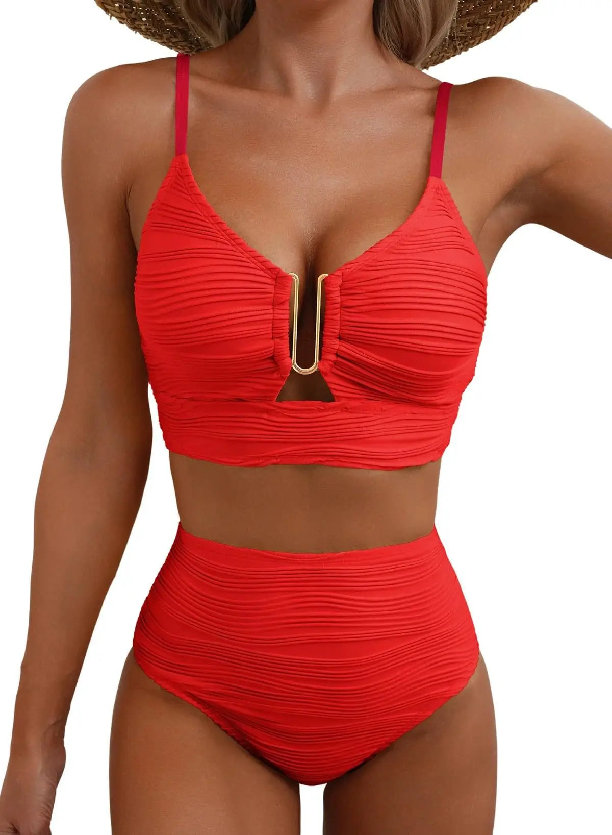 Women's New Swimsuit Bikini Set Fashion Sexy V-neck Hollow Swimsuit High Waist Textured Ruffled Swimsuit Women's Bikini Women