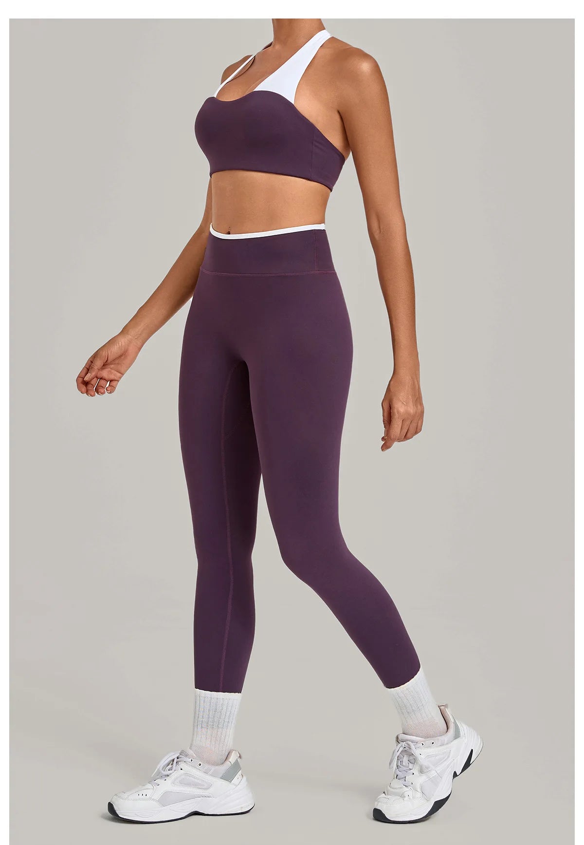 2 Pieces Color-block Yoga Sets WomenHanging Neck Sports Bra High Waist Pants Built-in Pockets Outdoor Fitness Workout Suit