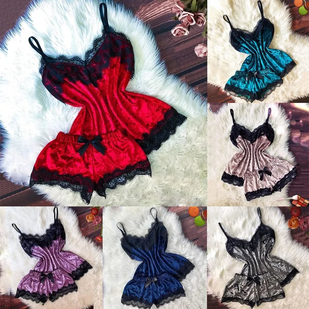 Summer Velvet Pyjamas Set for Women Sleepwear Sleeveless Straps Nightwear Lace Trim Cami Top and Shorts Sets Sexy Lingerie