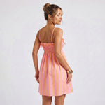 Women's Spaghetti Strap Mini Dress Striped Print Bow Sleeveless Babydoll Dress Summer Bohemian Holiday Beach Flowy Dresses