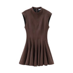Foridol Stand Collar Sleeveless Pleated Tank Dress for Women Brown Casual Short Autumn Winter Dress Zip Black Ladies Vestidos