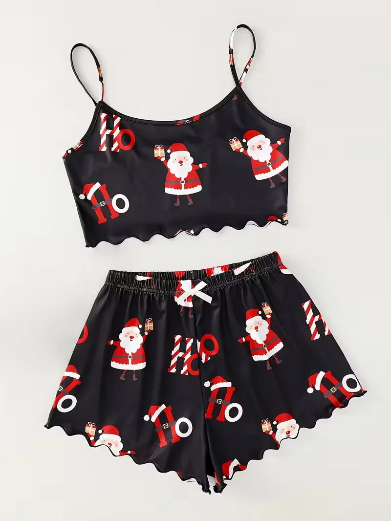 Soft Comfy Christmas Santa Claus Element Print Festival Atmosphere Women's Sleepwear 2 Pieces Crop Tops and Shorts Pajama Set