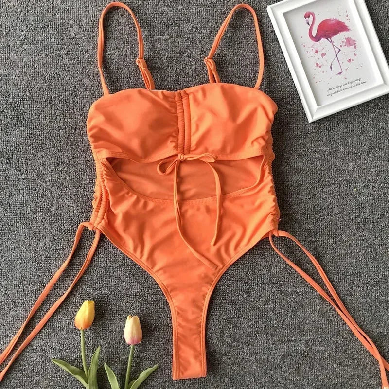 Neon Green Tummy Cut Out Female Swimwear One Piece Swimsuit Women Thong String Monokini High Leg Cut Bathing Suit Swim Bodysuit