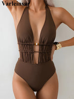 S - XL Deep V Neck Halter Wrinkled Women Swimwear One Piece Swimsuit Female Backless High Leg Cut Bather Bathing Suit Swim V7831