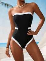 Sexy Black White Patchwork Swimwear Women 2026 Bandeau Slim Tummy Conrtol One Piece Swimsuit Beach Bathing Suit Holiday Monokini