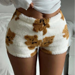 Women Autumn Winter Ins Style Cute Bear Printed Fluffy Shorts Thick Soft Cozy Hot Girl Loungewear Sleep Wear