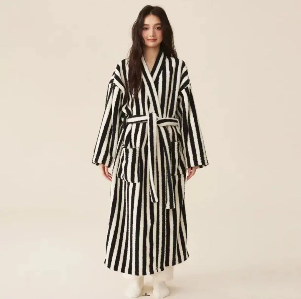 Thickened Flannel Robe Pants Pajamas Set Autumn Winter New Couple Coral Velvet Women Men Bathrobe Striped Lengthed Home Clothes