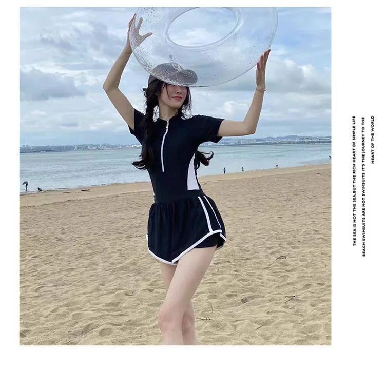 New Women's Swimsuit, One-piece Coverage Slimming EffectConservative Sports Style Hot Spring Flat Leg Pants Swimsuit Plus Size