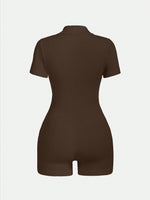 Women's Solid Color Half Zip Ribbed Knit Short Sleeve Romper Sports Soft Slim Fit Mock Neck Jumpsuit Streetwear 2025 Summer