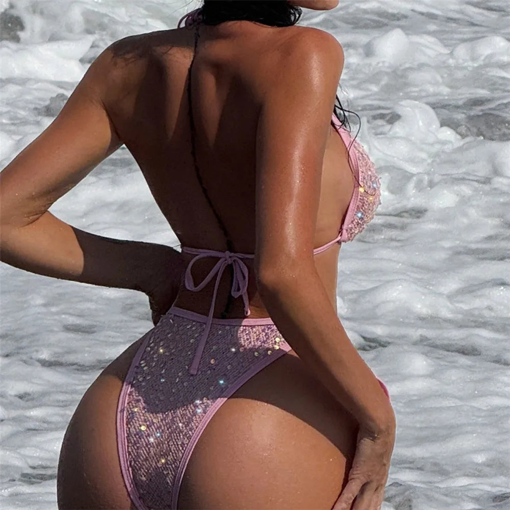 Pink Mesh Sequin Halter String Triangle Bikini Damen Micro Thong Sexy Swimsuit Women 2026 Bathing Suits Swimwear Bikinis Sets