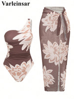 S - XL New With Skirt Printed One Shoulder Women Swimwear One Piece Swimsuit Female High Leg Cut Bather Bathing Suit Swim V8017
