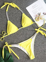 Luxury Rhinestone Bikini Women 2025 Sexy Orange Yellow Crystal Diamond Push Up Thong Swimsuit Beach Bathing Suit Tanga Swimwear